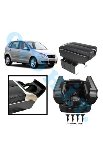 OTO H.İ.T. VOLKSWAGEN POLO 9N3 UYUMLU KOL DAYAMA KOLÇAK USB'Lİ BARDAKLIKLI ÇİFT AÇILIR SİYAH DERİ 1.SINIF ürün görseli 1