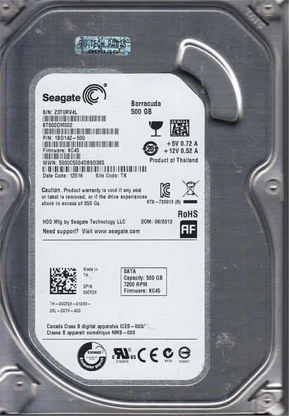 Seagate 500GB ST500DM002 BarraCuda SATA 3.0 7200 RPM 3.5" Harddisk (İthalat) ürün görseli 1