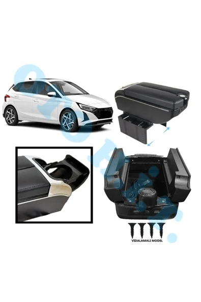 OTO H.İ.T. HYUNDAİ İ20 20 ÜZERİ UYUMLU KOL DAYAMA KOLÇAK USB'Lİ BARDAKLIKLI ÇİFT AÇILIR SİYAH DERİ 1.SINIF ürün görseli 1