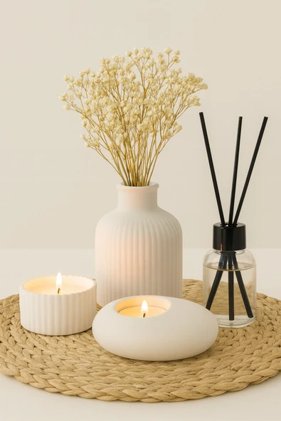 EVROSİ Dekoratif kase içinde Mum,Tealight mumluk,Vazo,Oda kokusu 4lü Set(Altlık ve Çiçek Dahil Değildir) ürün görseli 1