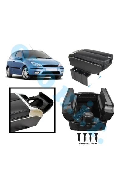 OTO H.İ.T. FORD FOCUS 1 UYUMLU KOL DAYAMA KOLÇAK USB'Lİ BARDAKLIKLI ÇİFT AÇILIR SİYAH DERİ 1.SINIF KALİTELİ ürün görseli 1