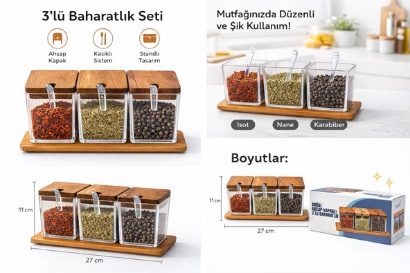 Doğal Ahşap Kapaklı 3'lü Standlı Baharatlık Seti ( 2'li Paket Set) ürün görseli 1