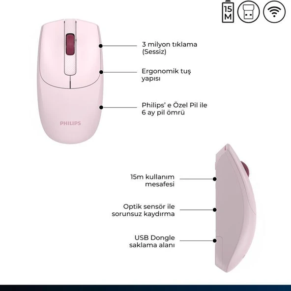 Philips SPK7398P Kablosuz 1600DPI Sessiz Optik Mouse Pembe ürün görseli 1