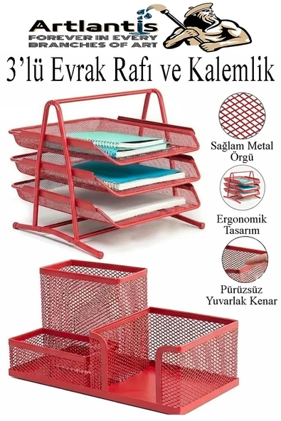 Kırmızı Metal Evrak Rafı 3 lü ve Masaüstü Kalemlik 1 Paket Masaüstü A4 Dosya 3 Katlı Düzenleyici Kağıt Tepsisi Metal ürün görseli 1