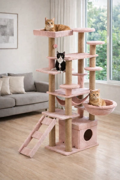 Fauna Pet Supplies Dev Boy Kedi Oyun Evi ve Tırmalama Platformu Pembe (173cm) ürün görseli 1