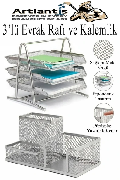 Gümüş Gri Metal Evrak Rafı 3 lü ve Masaüstü Kalemlik 1 Paket Masaüstü A4 Dosya 3 Katlı Düzenleyici Kağıt Tepsisi Metal ürün görseli 1