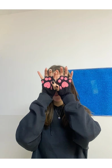 Sumicorn Design Sevimli Kedi Pati Siyah Pembe Örgü Parmaksız Eldiven ürün görseli 1