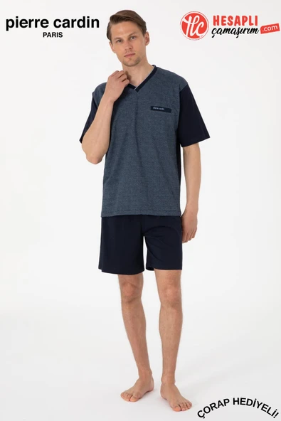 Pierre Cardin Paris Premium Erkek V Yaka Jakarlı %100 Pamuklu Kısa Kollu Şortlu Kutulu 3'lü Pijama Takım ürün görseli 1