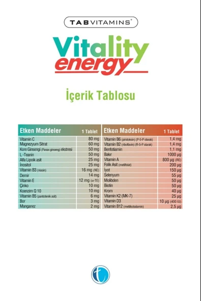 Tabvitamins Vitality Energy 30 Tablet 3 Adet - Resim 2