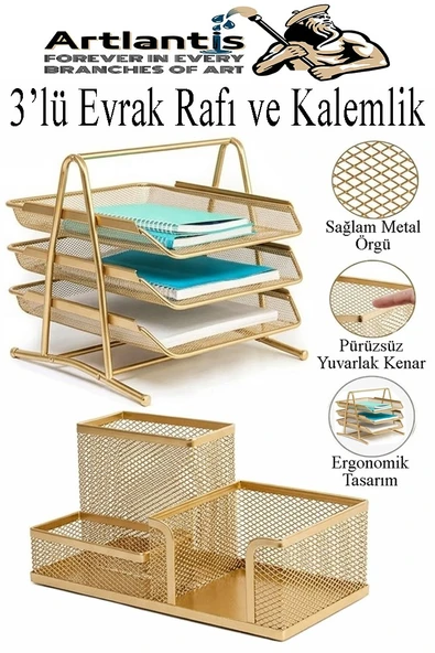 Altın Sarı Metal Evrak Rafı 3 lü ve Masaüstü Kalemlik 1 Paket Masaüstü A4 Dosya 3 Katlı Düzenleyici Kağıt Tepsisi Metal ürün görseli 1
