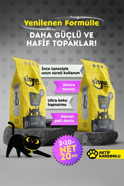 Kityus 2'li Avantaj Paketi Ekstra Topaklanan, Ince Taneli, Tozsuz, Aktif Karbonlu Bentonit Kedi Kumu 2x10kg ürün görseli 1