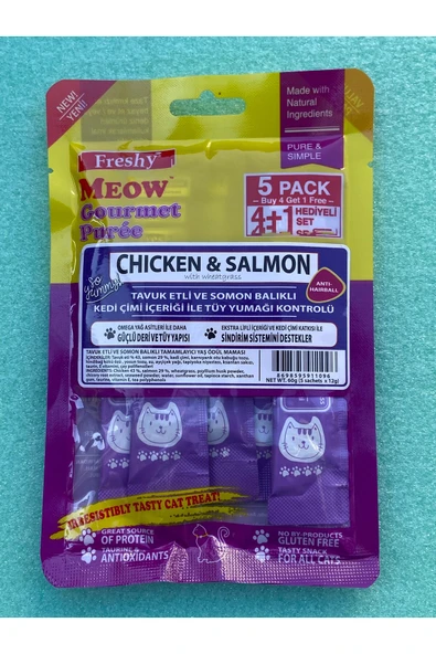 Freshy 5'li Tavuklu, Somonlu Ve Kedi Çimli Kedi Püresi Takviyeli Hüptürük Krema ürün görseli 1