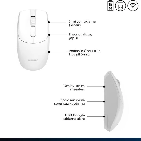 Philips SPK7398W Kablosuz 1600DPI Sessiz Optik Mouse Beyaz ürün görseli 1