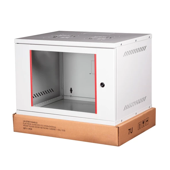 LANDE - 7U 19" Cam Kapaklı Duvar Tipi Rack Kabinet – Genişlik: 544 mm | Derinlik: 400 mm – Açık Gri (Demonte) ürün görseli 1