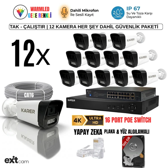 12'li IP KAMERA-POELİ-5MP-ULTRA HD-4K 1920 ÇÖZÜNÜRLÜK-SESLİ-GECE RENKLİ GÖRÜŞ-İNSAN ve PLAKA ALGILAMALI SET ürün görseli 1