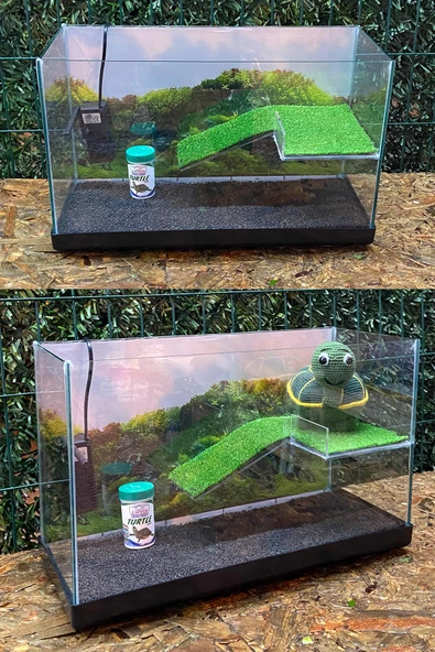 Fauna Pet Supplies Su Kaplumbağası Akvaryumu Bahçeli Rampalı Dinlenme Alanlı Full Cam Işık Motor Arkaplan Kum Yem ürün görseli 1