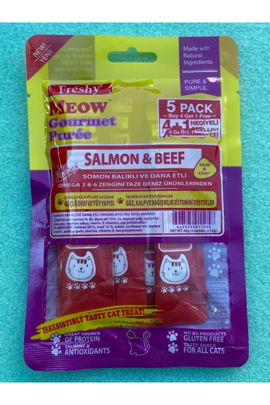 Freshy 5'li Somon Balıklı Ve Dana Etli Kedi Püresi Takviyeli Hüptürük Krema ürün görseli 1