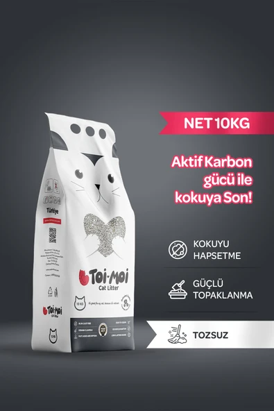 Toi Moi Koku Hapseden, Topaklanan,tozsuz Aktif Karbonlu Bentonit Kedi Kumu 10kg ürün görseli 1