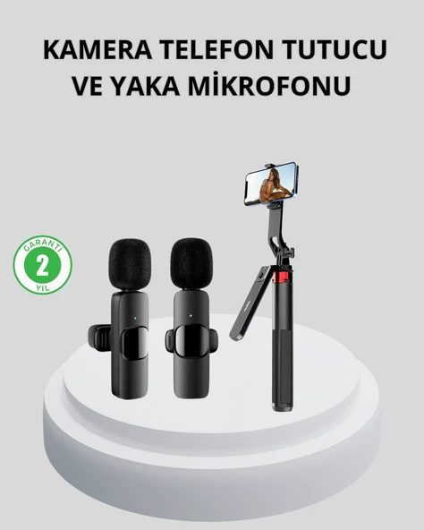Kablosuz Çift Yaka Mikrofonu Ve Tripodlu Selfie Çubuğu İçerik Üretici Seti ürün görseli 1