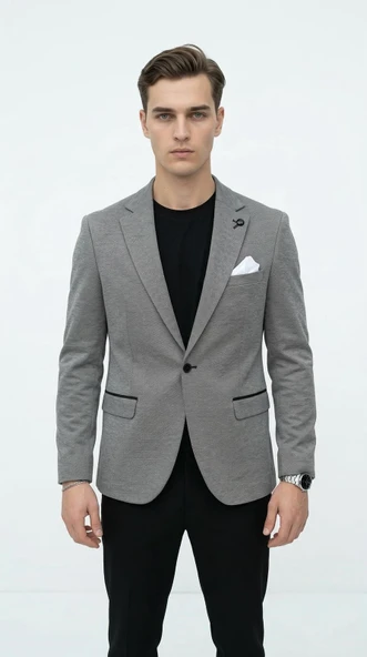 Erkek Siyah Slim Fit Blazer Ceket Tek Düğme Çift Yırtmaç Kollu Yamalı ürün görseli 1