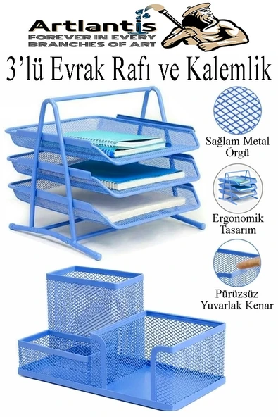 Mavi Metal Evrak Rafı 3 lü ve Masaüstü Kalemlik 1 Paket Masaüstü A4 Dosya 3 Katlı Düzenleyici Kağıt Tepsisi Metal ürün görseli 1