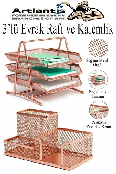 Bakır Yaldız Metal Evrak Rafı 3 lü ve Masaüstü Kalemlik 1 Paket Masaüstü A4 Dosya 3 Katlı Düzenleyici Kağıt Tepsi Metal ürün görseli 1