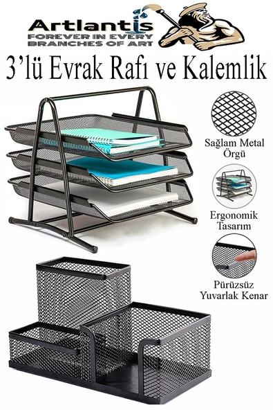 Siyah Metal Evrak Rafı 3 lü ve Masaüstü Kalemlik 1 Paket Masaüstü A4 Dosya 3 Katlı Düzenleyici Kağıt Tepsisi Metal ürün görseli 1