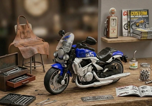 1:12 Ölçek Işıklı ve Sesli Gerçekçi Detaylı & Çek-Bırak Özellikli Oyuncak Motosiklet ürün görseli 1