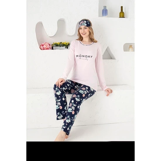 Kadın Uzun Kollu  Pijama Takımı Çiçekli Lacivert 2320 ürün görseli 1