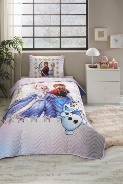 Özdilek Lisanslı Kapitoneli %100 Pamuk Tek Kişilik Çocuk Yatak Örtüsü (160x230)-Frozen Frosted Lila ürün görseli 1