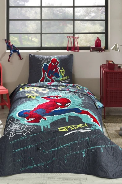 Özdilek Lisanslı Kapitoneli %100 Pamuk Tek Kişilik Çocuk Yatak Örtüsü (160x230)-Spiderman Street Gri ürün görseli 1