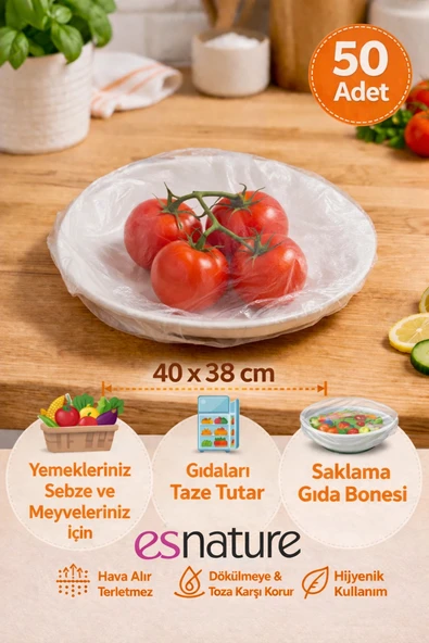 Esnature Streç Lastikli Buzdolabı Poşeti Tabak Tencere Gıda Saklama Bonesi 50 Adet Pratik Koruyucu ürün görseli 1