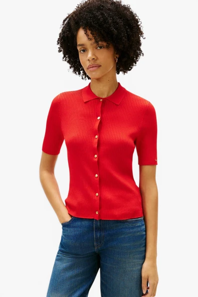 Tommy Hilfiger   RAYON RIB SLIM POLO SS SWT Kadın Turuncu Bluz - WW0WW48482 ürün görseli 1