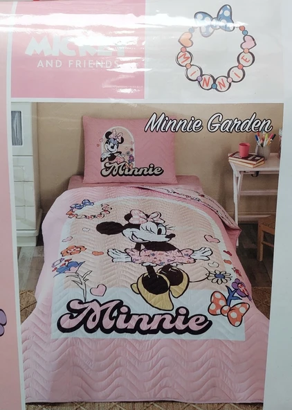 Özdilek Lisanslı Kapitoneli %100 Pamuk Tek Kişilik Çocuk Yatak Örtüsü (160x230)-Minnie Garden Pembe ürün görseli 1
