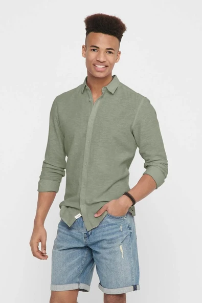 Only & Sons   ONSCAIDEN LIFE LS SOLID LINEN BLEND NOOS Erkek Yeşil Gömlek - 22012321 ürün görseli 1
