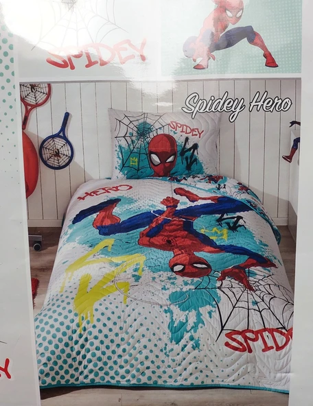 Özdilek Lisanslı Kapitoneli %100 Pamuk Tek Kişilik Çocuk Yatak Örtüsü (160x230)-Spidey Hero Yeşil ürün görseli 1