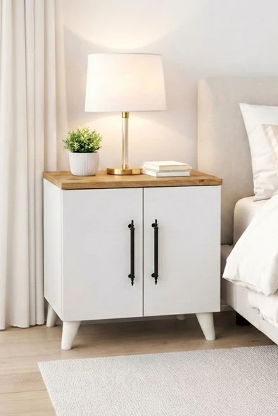 Reyo Enda Home Lumen 2 Kapaklı Raflı Klasik Komodin Beyaz-Atlantik Çam ürün görseli 1