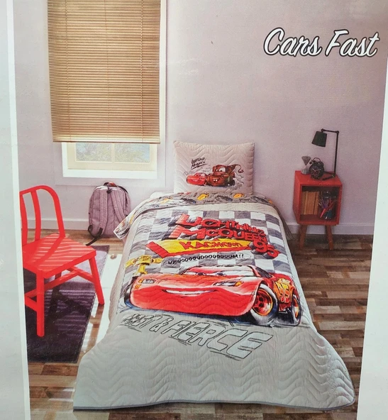 Özdilek Lisanslı Kapitoneli %100 Pamuk Tek Kişilik Çocuk Yatak Örtüsü (160x230)-Mcqueen Cars Fast Gri ürün görseli 1