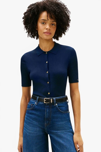 Tommy Hilfiger   RAYON RIB SLIM POLO SS SWT Kadın Mavi Bluz - WW0WW48482 ürün görseli 1