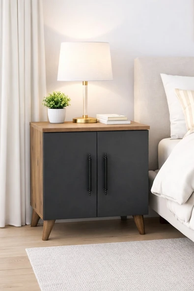 Reyo Enda Home Lumen 2 Kapaklı Raflı Klasik Komodin Antrasit-Atlantik Çam ürün görseli 1
