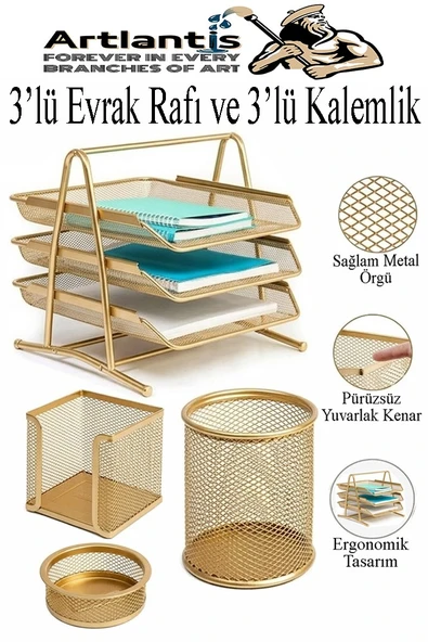 Altın Sarı Metal Evrak Rafı 3 lü ve Masaüstü Kalemlik 3 lü 1 Paket Masaüstü A4 Dosya 3 Katlı Düzenleyici Kağıt Tepsisi ürün görseli 1