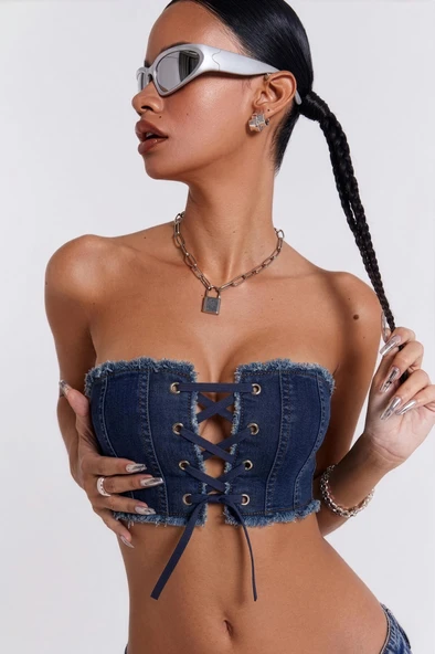 Koyu Mavi Crop Jean Büstiyer ürün görseli 1