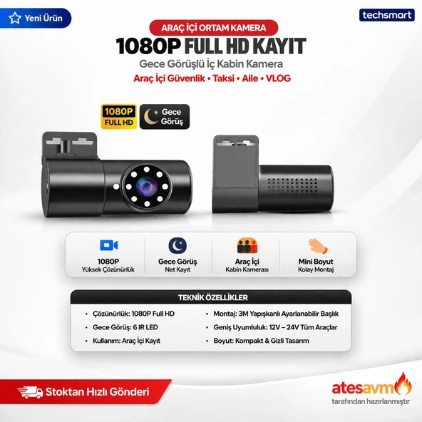 TECHSMART Araç İçi Kamera 1080P Gece Görüşlü İç Kabin Kamera Araç İçi Güvenlik Mini Kamera ürün görseli 1