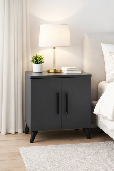 Reyo Enda Home Lumen 2 Kapaklı Raflı Klasik Komodin Antrasit ürün görseli 1