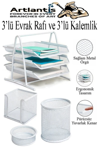 Beyaz Metal Evrak Rafı 3 lü ve Masaüstü Kalemlik 3 lü 1 Paket Masaüstü A4 Dosya 3 Katlı Düzenleyici Kağıt Tepsisi ürün görseli 1