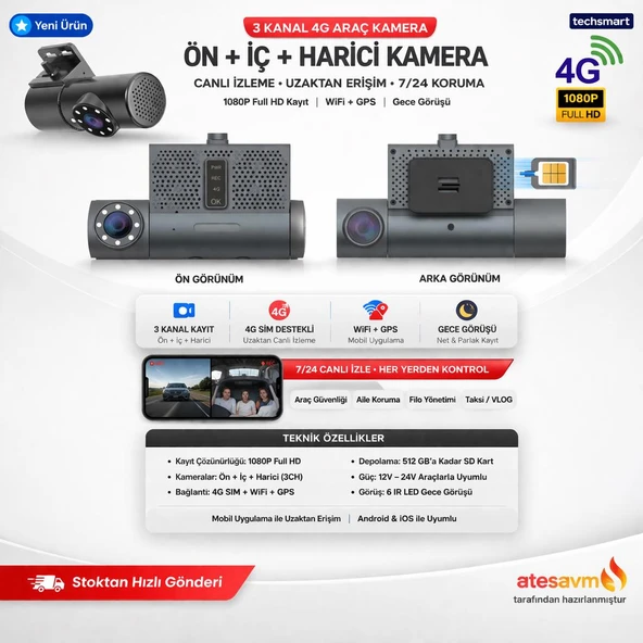 TECHSMART 3 Kanal 4G Araç Kamera | Ön + İç + Harici Kamera | 1080P Full HD, WiFi, GPS, Gece Görüşlü DVR ürün görseli 1