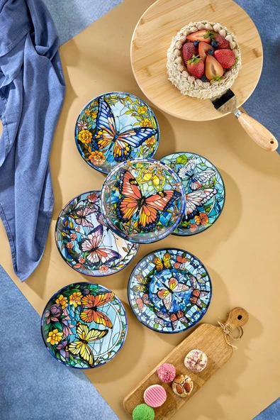 Lüks Kelebek Desenli 6'lı Pasta ve Tatlı Tabağı (20 CM) - Sunumluk Pasta ve Tatlı Tabakları ürün görseli 1