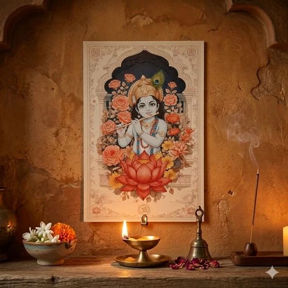 Krishna Ahşap Tablo - Hint Tanrısı & Yoga Sunak Dekoru - 16x24 cm Özel Baskı Spiritüel Sanat ürün görseli 1