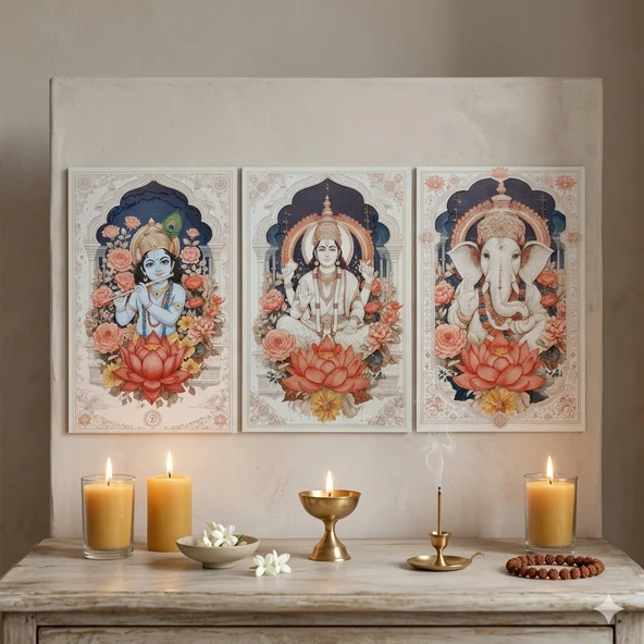 Bohem Hint Tanrıları Ahşap Tablo Serisi - 3 Parça Spiritüel Duvar Sanatı Seti - Ganesha, Vishnu, Krishna Özel Baskı Tablo ürün görseli 1