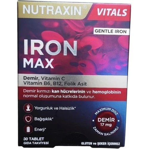 Nutraxin Iron Max 30 Tablet 17 mg Demir ve B12 Vitamini ile Yetişkinler İçin Enerji Desteği ürün görseli 1